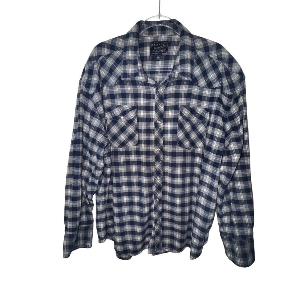 Cactus Flannel Shirt‎ XXL Mens Blue Gray Plaid Western Ranch Pearl Snap Workwear